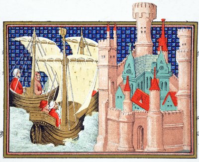 Der Herzog von Salisbury kommt aus Irland auf Schloss Conway an, Faksimile-Kopie aus Le Prinse et Mort du Roy Richart von Jean Creton, nachgedruckt im 19. Jahrhundert von French School