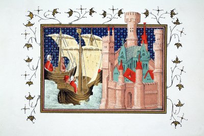 Der Herzog von Salisbury kommt aus Irland auf Schloss Conway an, Faksimile-Kopie aus Le Prinse et Mort du Roy Richart von Jean Creton, nachgedruckt im 19. Jahrhundert von French School