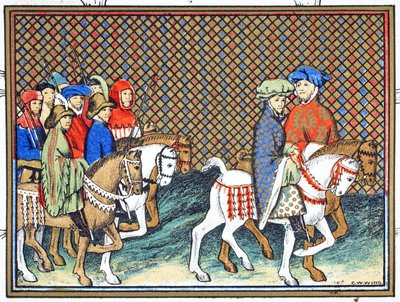 Die Herzöge von Exeter und Surrey werden von Richard II. von Schloss Conway nach Chester geschickt, um mit dem Herzog von Lancaster zu verhandeln, Faksimile-Kopie aus Le Prinse et Mort du Roy Richart von Jean Creton, nachgedruckt im 19. Jahrhundert von French School