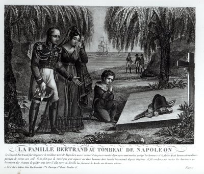 Die Familie von General Henri-Gratien Bertrand (1773-1844) am Grab von Napoleon Bonaparte (1769-1821) 1821 (Lithografie) (s/w Foto) von French School