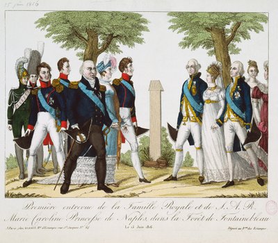 Das erste Treffen zwischen Louis XVIII (1755-1824) und Marie-Caroline-Ferdinande (1798-1870) von Bourbon, an der Croix de St. Herem im Wald von Fontainebleau, 15. Juni 1816, 1816-30 von French School