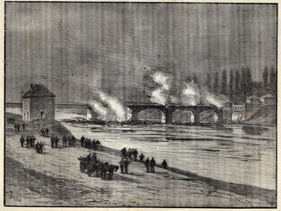 Der Deutsch-Französische Krieg - Die Verteidigung von Paris - Brand der Brücke von Asnières während der Belagerung (Verteidigung) von Paris - Gravur in 