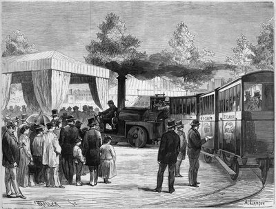 Der französische Erfinder Larmanjat fährt einen seiner „Straßenbahnen“ während eines Versuchs am Trocadero in Paris am 8. August von French School