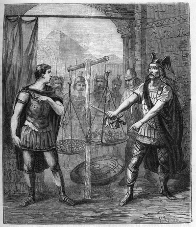 Der gallische Heerführer Brennos (Brennus) besiegt die Römer und verkündet das „Vae Victis“ (Wehe den Besiegten), Die Gallier forderten Lösegeld nach ihrer Eroberung Roms - Brennus, Anführer des gallischen Stammes der Senonen, spricht das verhängnisvolle V von French School