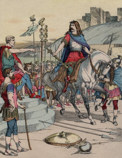 Der gallische Anführer Vercingetorix (72-46 v. Chr.) ergibt sich dem römischen Anführer Julius Caesar (100-44 v. Chr.) nach der Schlacht von Alesia im Jahr 52 v. Chr. von French School