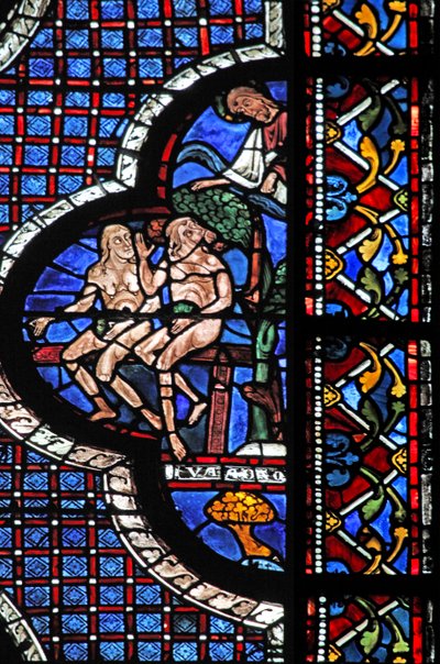 Das Fenster des barmherzigen Samariters: Gott ruft Adam und Eva (mit Feigenblättern) von French School