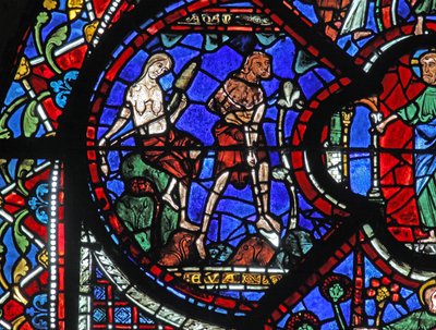 Das Fenster des barmherzigen Samariters: Gott verurteilt Adam und Eva zur Arbeit von French School