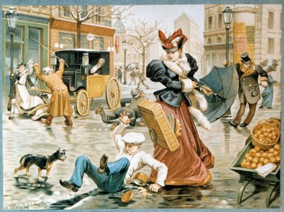 Die Eisszene auf einer Straße in Paris im Winter, ein Angestellter rutscht wegen des Eises auf dem Boden aus, ebenso wie ein Pferd, das eine Kutsche zieht, 20. Jahrhundert von French School