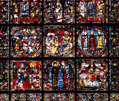 Das Inkarnationsfenster, Detail des unteren Teils, der die Verkündigung, den Besuch, die Geburt, die Verkündigung an die Hirten und die Magier vor Herodes darstellt von French School