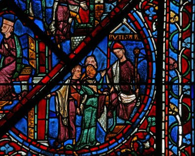 Das Joseph-Fenster: Potiphars Frau beschuldigt Joseph vor ihrem Mann und Zeugen von French School
