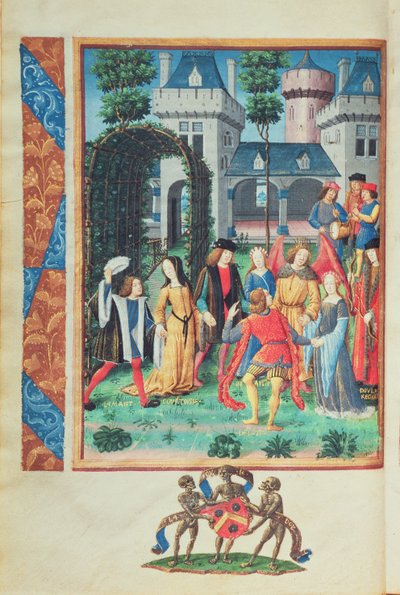 Der magische Garten, mit allegorischen Figuren von Höflichkeit, Liebe, Schönheit und Freigebigkeit, aus dem Roman de la Rose von French School