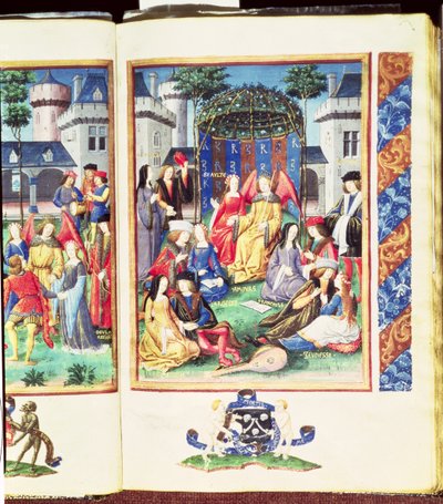 Der magische Garten, mit allegorischen Figuren von Reichtum, Höflichkeit, Freigebigkeit, Schönheit, Liebe, Aufrichtigkeit und Jugend, aus dem Roman de la Rose von French School