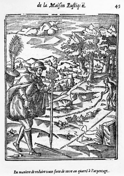 Die Art und Weise, jede Art von Boden auf das Vermessungsquadrat zu reduzieren, Illustration aus LAgriculture et Maison Rustique von Charles Estienne, Ausgabe veröffentlicht 1641 von French School