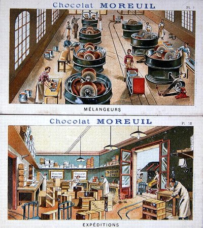 Die Herstellung und Verteilung von Schokolade, Werbebild für Schokolade Moreuil, ca. 1900 von French School