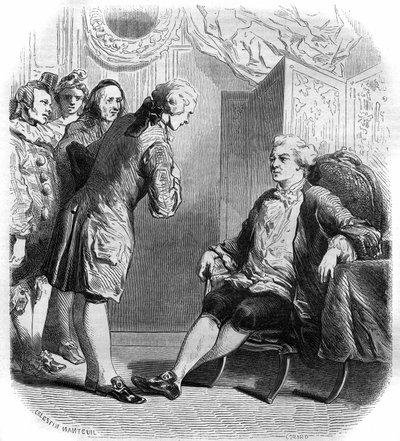 Der Marquis de Puysieulx empfängt Philippe Nericault Destouches (1680-1754) und seine Truppe reisender Komödianten. Gravur von 1858-1859 von French School