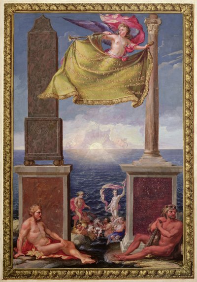 Die Säulen des Herkules, Frontispiz einer Sammlung von Karten von Katalonien und den Balearen von Pene, 1680 von French School