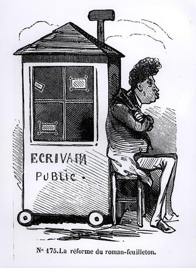 Die Reform des Fortsetzungsromans, Dumas (1802-70) durch einen öffentlichen Briefschreiber, Karikatur aus 