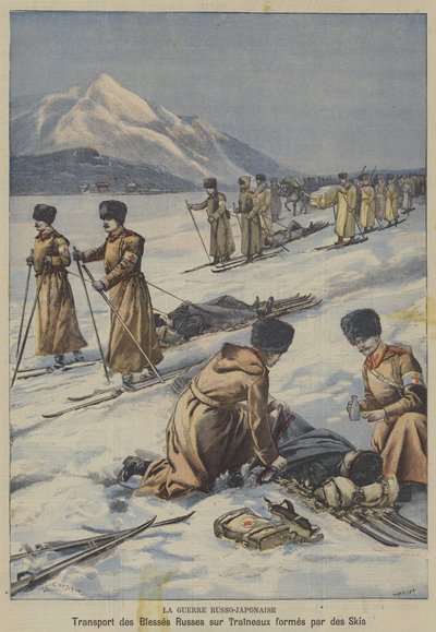 Der Russisch-Japanische Krieg: Verwundete russische Soldaten auf Schlitten aus Skiern transportiert von French School