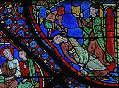 Das St. Jakobus Fenster: Filetus wird von Almogenes (Hermoniges) mit einem Zauberspruch gebunden von French School