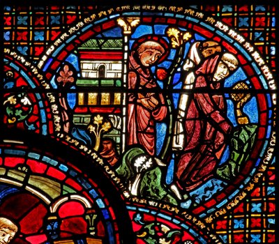 Das St. Lubin Fenster: Er verlässt die Kirche mit zwei Mönchen von French School