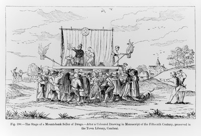 Die Bühne eines Scharlatans, der Drogen verkauft, Illustration aus Wissenschaft und Literatur im Mittelalter und der Renaissance, geschrieben und graviert von Paul Lacroix, 1878 von French School