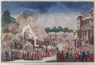 Die Statue des Atheismus wird zerstört und durch die Statue der Weisheit ersetzt, beim Fest des Höchsten Wesens, Jardin National des Decorations, Paris, 8. Juli 1794 von French School