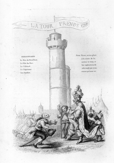 Der Turm ist vorsichtig. Ein Oberst mit einer Waffe kommt zum König hinunter, gefolgt von Pagen. Gravur in „Chants et chansons populaire de la France“, Band 2 von French School