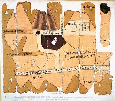Der Turiner Papyrus, Reproduktion einer alten ägyptischen Karte von Goldminen basierend auf einem Originalpapyrus von ca.1300 v. Chr. im Museo Egizio in Turin von French School