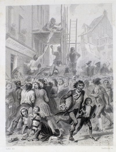 Der Mehlkrieg: Aufruhr vor einer Bäckerei im Mai 1775 (erste Früchte der Französischen Revolution) von French School