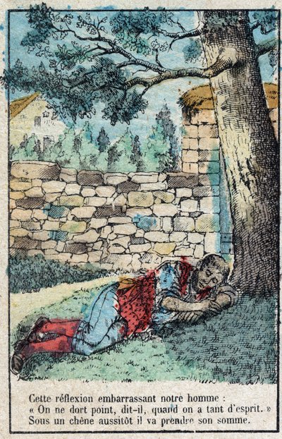 Die Eichel und der Kürbis. Fabeln von Jean de La Fontaine (1621-95). Epinal-Bild Ende des 19. Jahrhunderts. von French School