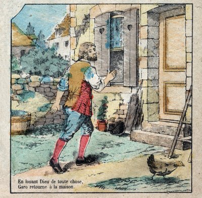 Die Eichel und der Kürbis. Fabeln von Jean de La Fontaine (1621-95). Epinal-Bild Ende des 19. Jahrhunderts. von French School