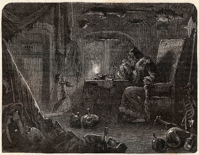 Der Alchemist, der versprach, Gold zu machen, arbeitet in seinem Labor: der Alchemist im 17. Jahrhundert - in „Paris a travers les siecles“ von Nicolas Jules Henri Gourdon de Genouillac von French School