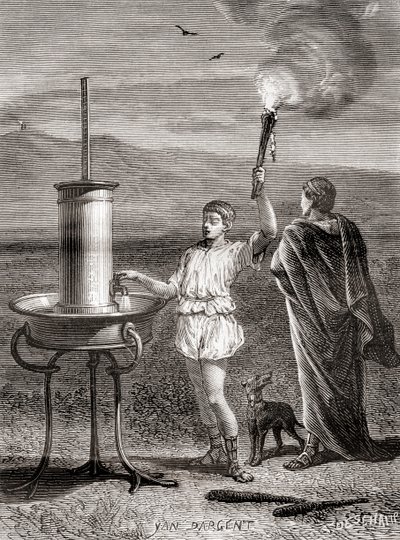 Das antike griechische hydraulische Semaphor-System, das von Aeneas im 4. Jahrhundert v. Chr. verwendet wurde, um eine Nachricht zu senden, aus Les Merveilles de la Science, veröffentlicht um 1870 (Gravur) von French School