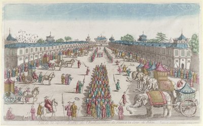 Die Ankunft der siamesischen Botschafter in der Verbotenen Stadt in Peking bei ihrem Besuch beim Kaiser von China, 2. Hälfte des 18. Jahrhunderts von French School