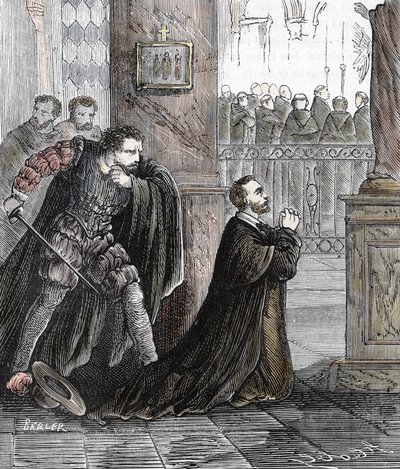 Die Ermordung des Inquisitors Pedro de Arbues am 17.09.1485 in der Kathedrale von Zaragoza in Spanien von French School