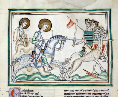Der Kampf mit dem Drachen mit sieben Köpfen: Ritter kämpfen mit Speeren gegen einen Drachen mit mehreren Köpfen, der die sieben Könige verkörpert. Miniatur aus der Apokalypse von Cambrai, illuminiert von der französischen Schule des 13. Jahrhunderts. Ms. 4 von French School
