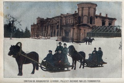 Die Burg von Ringmundtof, Livland, geplündert und in Brand gesetzt von russischen anarchistischen Revolutionären. Russland von French School
