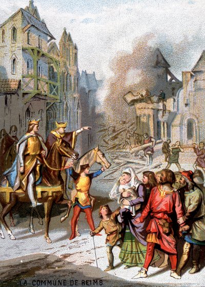 Die Kommune von Reims (1160) - Vergeltungsmaßnahmen von Ludwig VII., um die kommunalen Freiheiten der Bürger von Reims zu zerstören. Chromolithographie der Serie Patriotische Erziehung durch Bild von French School