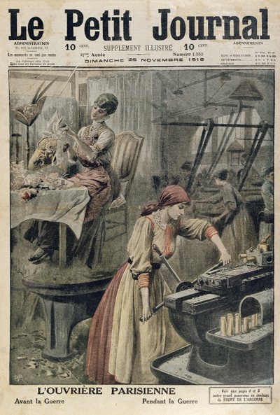 Die verschiedenen Arbeitsarten für Pariser Frauen vor und während des Ersten Weltkriegs, Titelillustration von Le Petit Journal, 26. November 1916 von French School