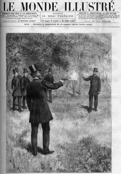 Das Duell von General Georges Boulanger (1837-1891), Kriegsminister, und Baron Lareinty, Senator. Gravur in „Die Illustrierte Welt“ 1886. von French School