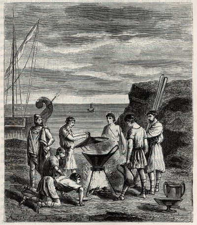 Die ersten Seefahrer im griechischen Archipel gewannen Frischwasser durch Verdampfen von Meerwasser - Gravur in „Sciences available to all - Popular physics and chemistry“ von Alexis Clerc - Ende 19. Jahrhundert - Private Sammlung von French School