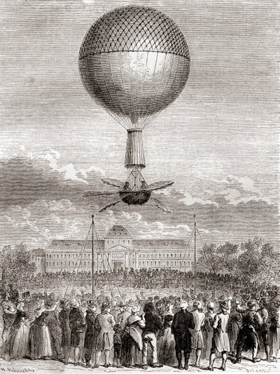 Der erste erfolgreiche Ballonflug von Jean-Pierre François Blanchard am 2. März 1784, in einem Wasserstoffgasballon vom Champ de Mars, Paris, Frankreich, aus Les Merveilles de la Science, veröffentlicht um 1870 (Gravur) von French School