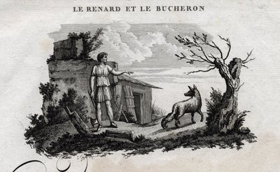 Der Fuchs und der Holzfäller. Fabel von Äsop. Geschrieben von Guillaume Montfort und graviert von Beauble im Jahr 1801. von French School