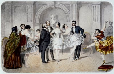Das Foyer der Oper (Oper Garnier in Paris). Eine Tutu-Tänzerin plaudert mit Herren, die sie begrüßen oder ein paar Tanzschritte machen. Gravur von French School