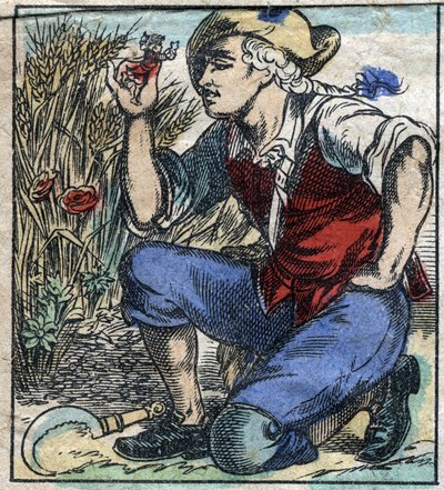 Der Riese von Brobdingnag ergreift Lemuel Gulliver. Illustration für "Gullivers Reisen" von Jonathan Swift (1667-1745). Epinal-Bildgebung Ende des 19. Jahrhunderts. von French School