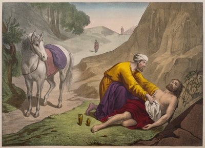 Der barmherzige Samariter, Illustration aus einem Katechismus L