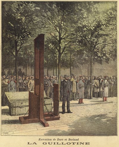 Die Guillotine, die für die Hinrichtung von Dore und Berland verwendet wurde von French School