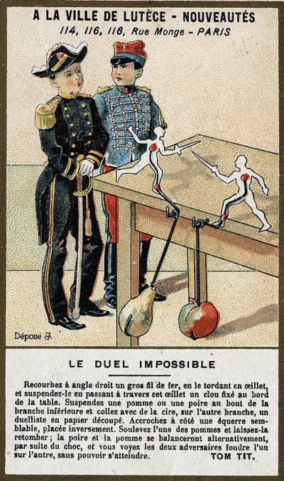 Das unmögliche Duell: Kinderkarte, die ein Spiel erklärt, das man selbst bauen kann. Chromolithographie des 19. Jahrhunderts von French School