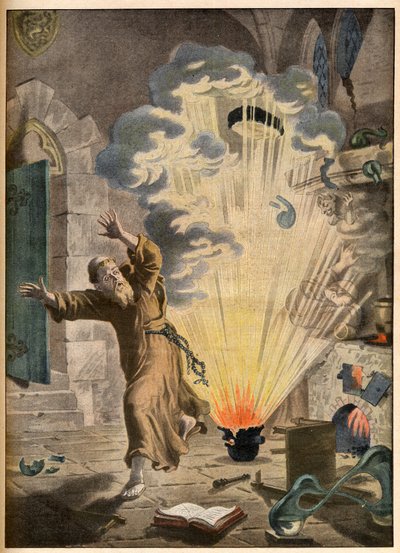 Die Erfindung des Schießpulvers durch den deutschen Mönch und Alchemisten Berthold Schwartz (ca. 1318-1384) - Berühmte Erfindungen. Das Pulver. Illustration für Le petit Journal, 27. Januar 1901. von French School