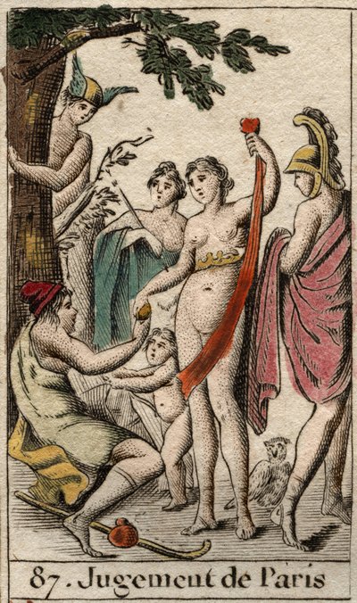 Das Urteil des Paris, der Hirte Paris muss entscheiden, wem er den goldenen Apfel gibt, um die schönste der drei Göttinnen, Athena, Aphrodite oder Hera, zu bestimmen. Aus „Mythologie der Jugend“ von Pierre Blanchard 1803 von French School